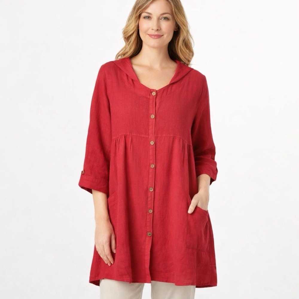 100% Linen Hooded Tunic Dress Womens XXL Coral Red Button Up‎ Tab Sleeve Italy